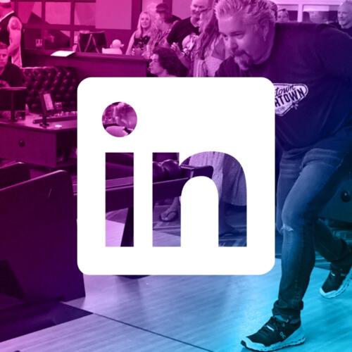 Linkedin Logo over Guy Fieri Duckpin Social bowling