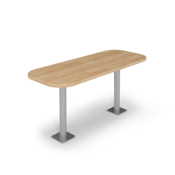 Center Stage Onlane Dining Table. Sugar Maple Top and Silver Legs.