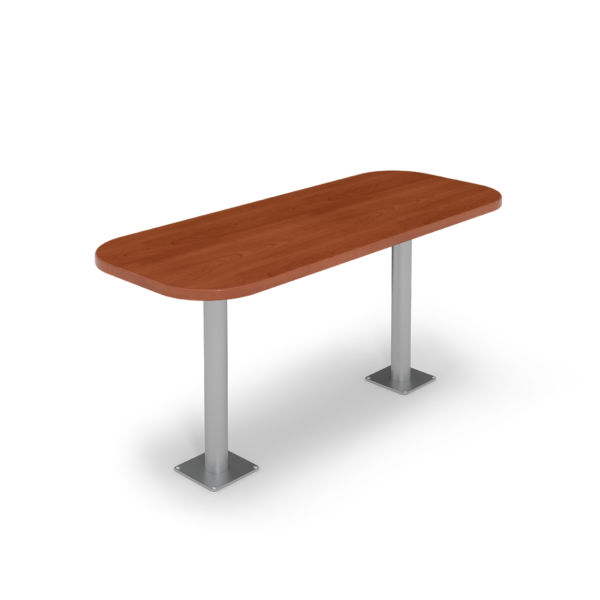 Center Stage Onlane Dining Table. Oiled Cherry Top and Silver Legs.