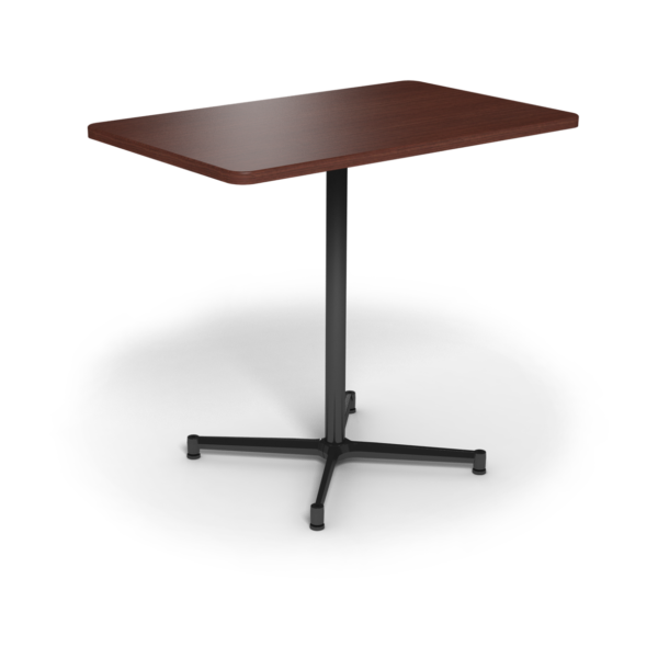 Center Stage, bar height, rectangular table. Formal mahogany & black weldment.