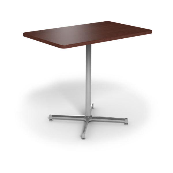 Center Stage, bar height, rectangular table. Formal mahogany & silver weldment.