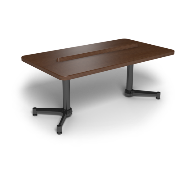 Center Stage, rectangular coffee table. Gunstock savoy & black weldment.