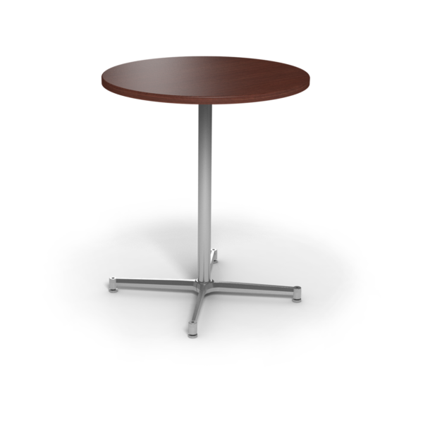 Center Stage, bar height, round table. Formal mahogany & silver weldment.