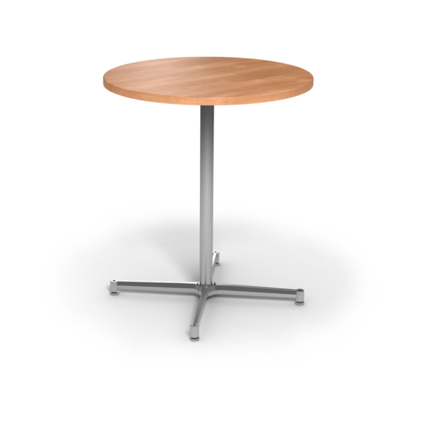 Center Stage, bar height, round table. Honey maple & silver weldment.