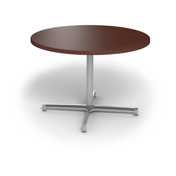 Center Stage, table height, round table. Formal mahogany & silver weldment.
