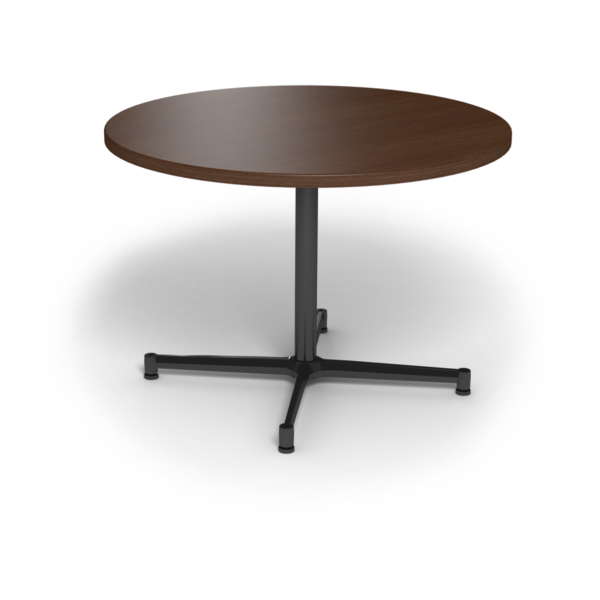 Center Stage, table height, round table. Gunstock savoy & black weldment.