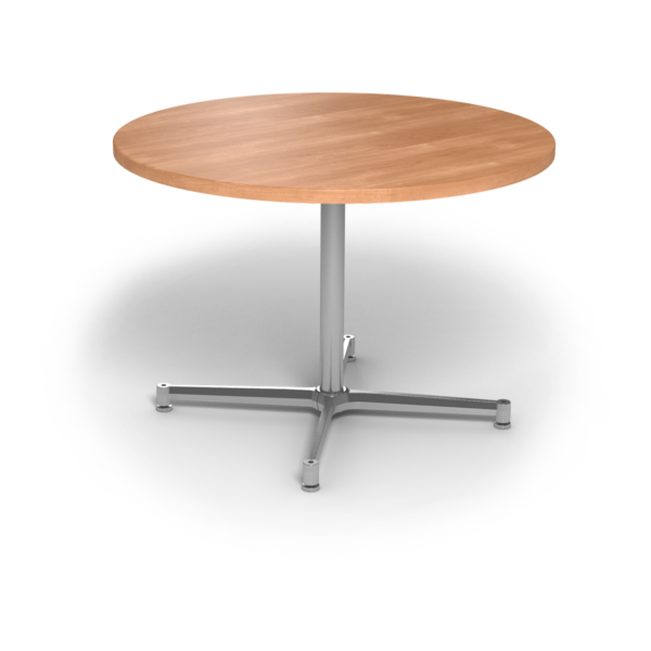 Center Stage, table height, round table. Honey maple & silver weldment.