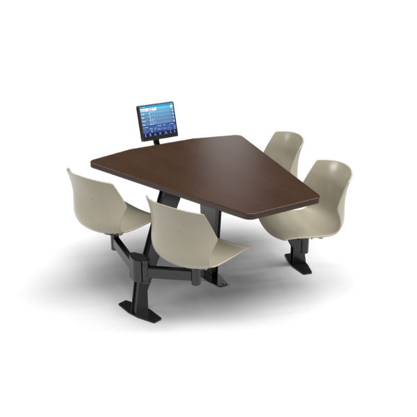 CS, Swing Swivel, Shield Gunstock Savoy Table, Sandy Plastic Chair with Black Weldment