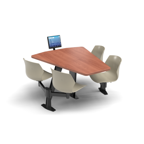 CS, Swing Swivel, Shield Oiled Cherry Table, Sandy Plastic Chair with  Black Weldment