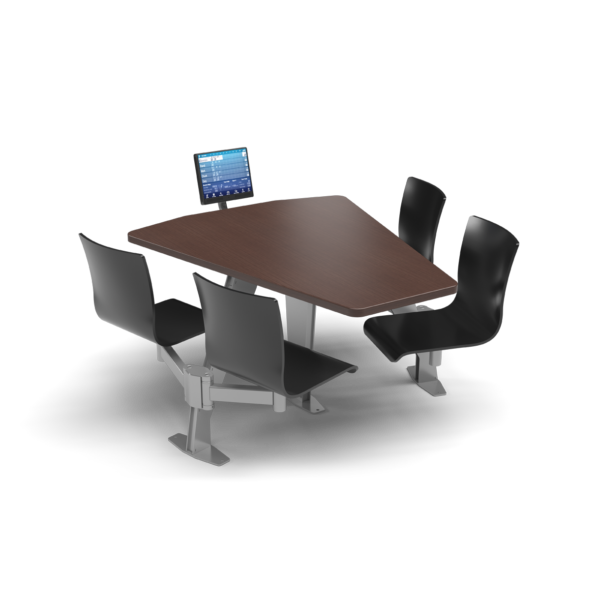 CS, Swing Swivel, Shield Formal Mahogany Table, Jet Black Plyform Chair with Black Weldment