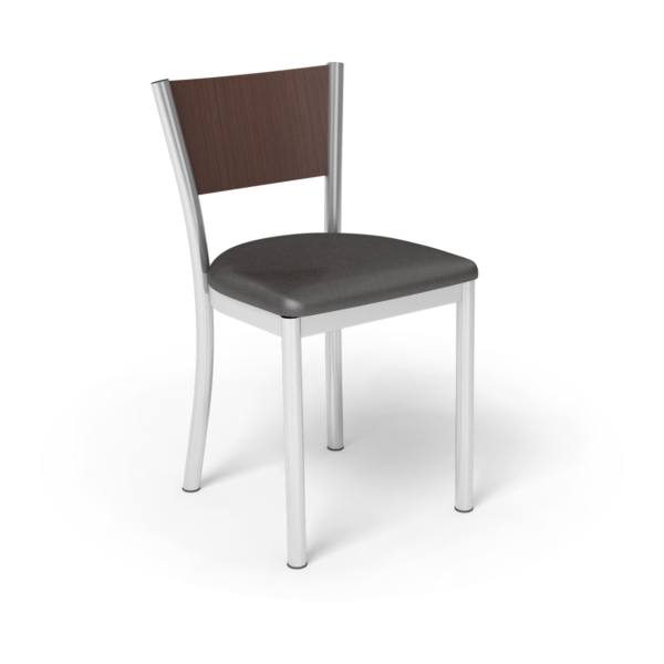 Center Stage Artisan Chair. Espresso Vinyl, Formal Mahogany, & Silver Weldment