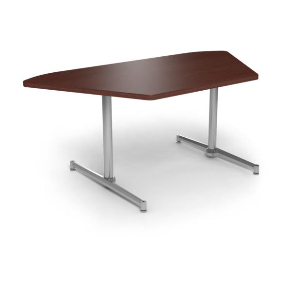 Center Stage, Trapezoid Table Height Table. Formal Mahogany & Silver Weldment